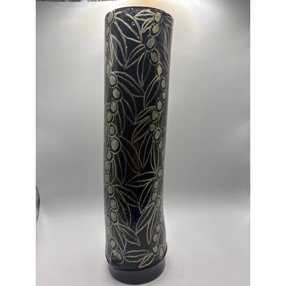 Handcraft Etched Bamboo Cylinder Vase Black Lacquer Botanical Leaf Berry Design